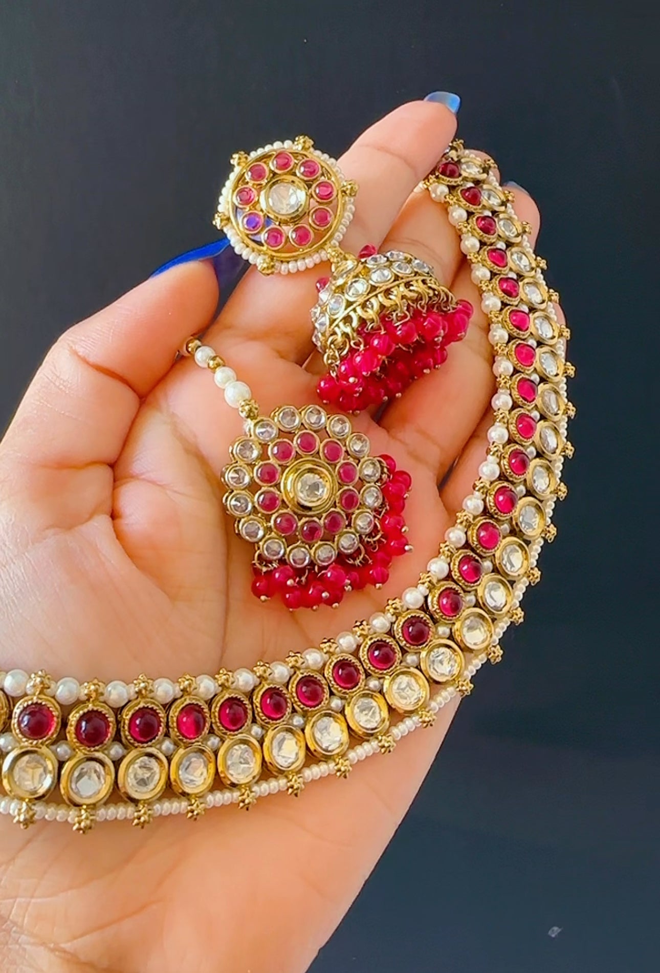 Kundan necklace with jhumki and tikka (Hot Pink)