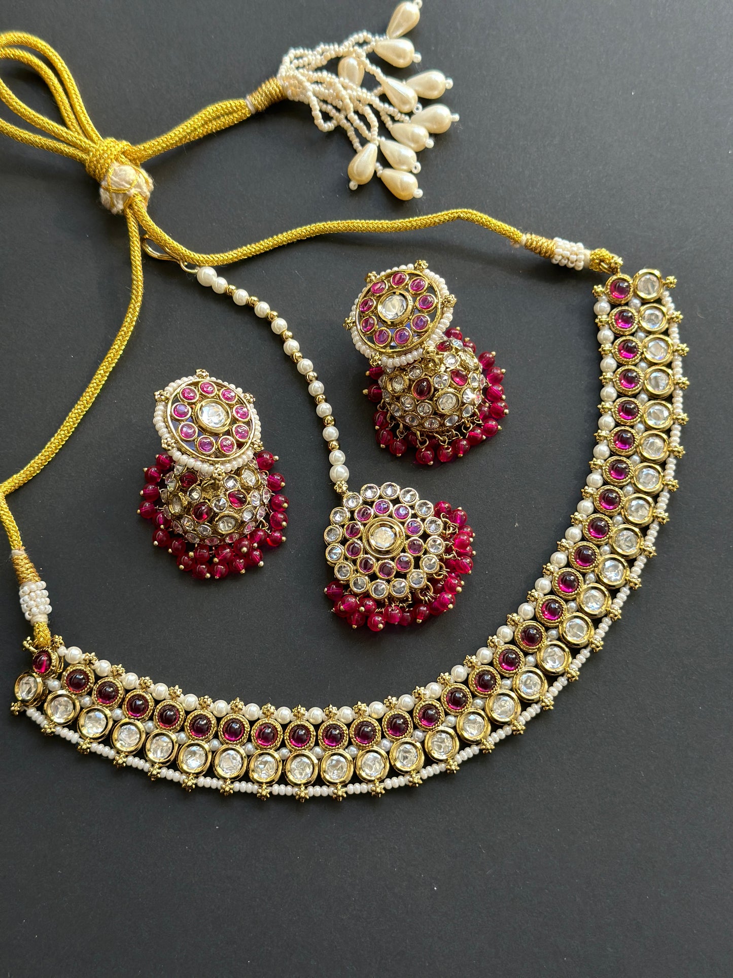 Kundan necklace with jhumki and tikka (Hot Pink)