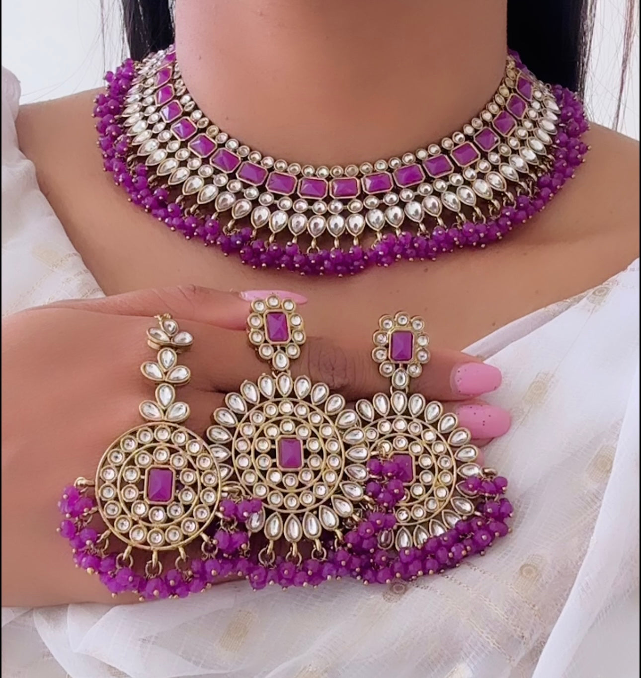 Kundan necklace set in purple colour