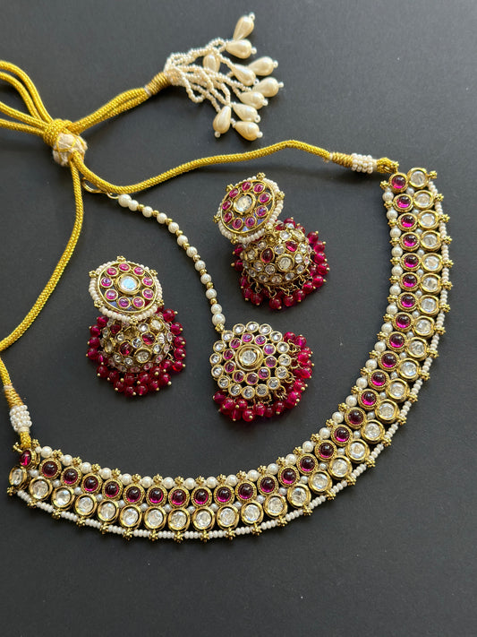 Kundan necklace with jhumki and tikka (Hot Pink)