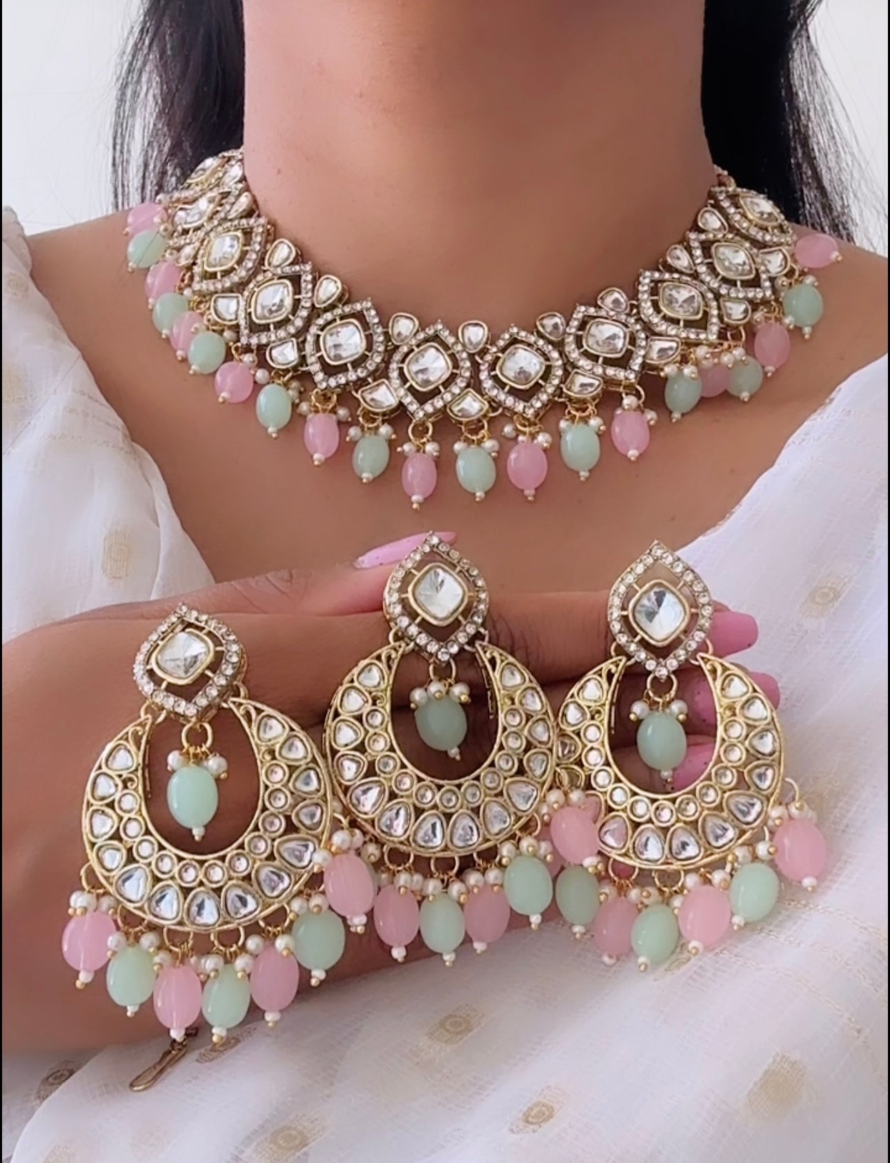 Kundan set mint pink