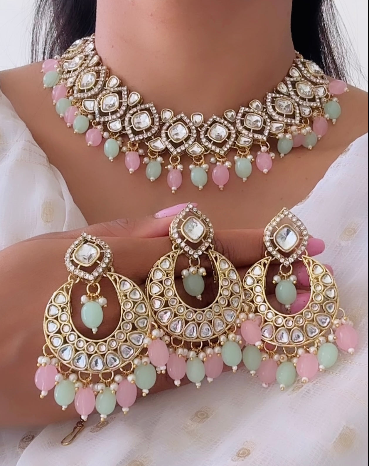 Kundan set mint pink