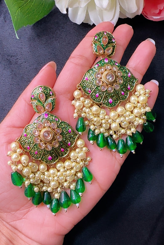 Kundan meenakaari earrings green