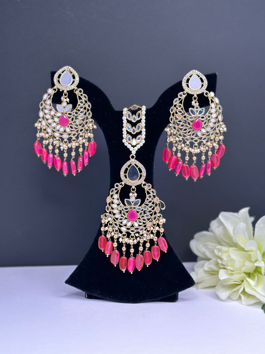 Mirror tikka set in dark pink