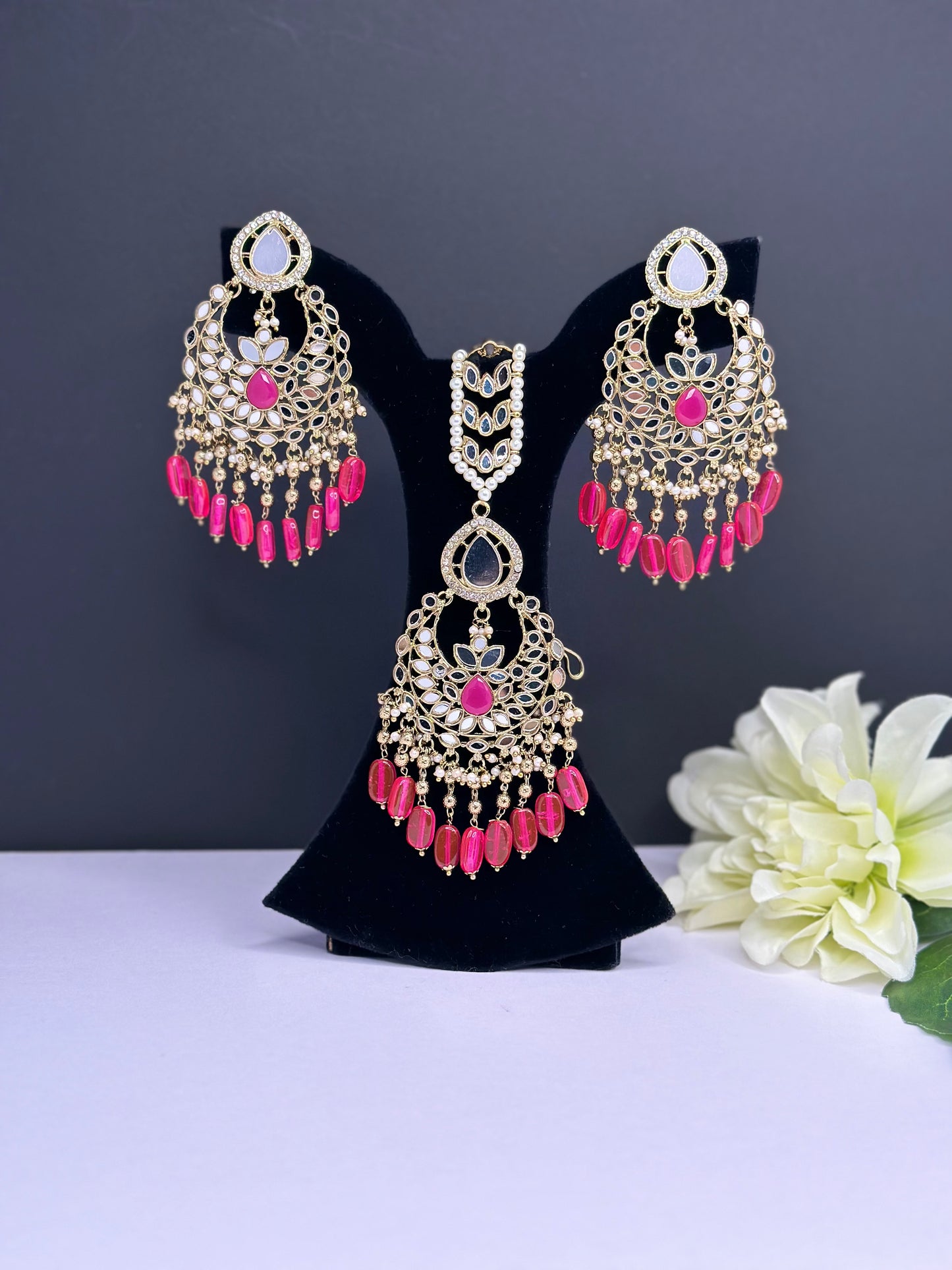 Mirror tikka set in dark pink