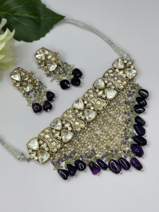 Uncut kundan choker set(Purple)