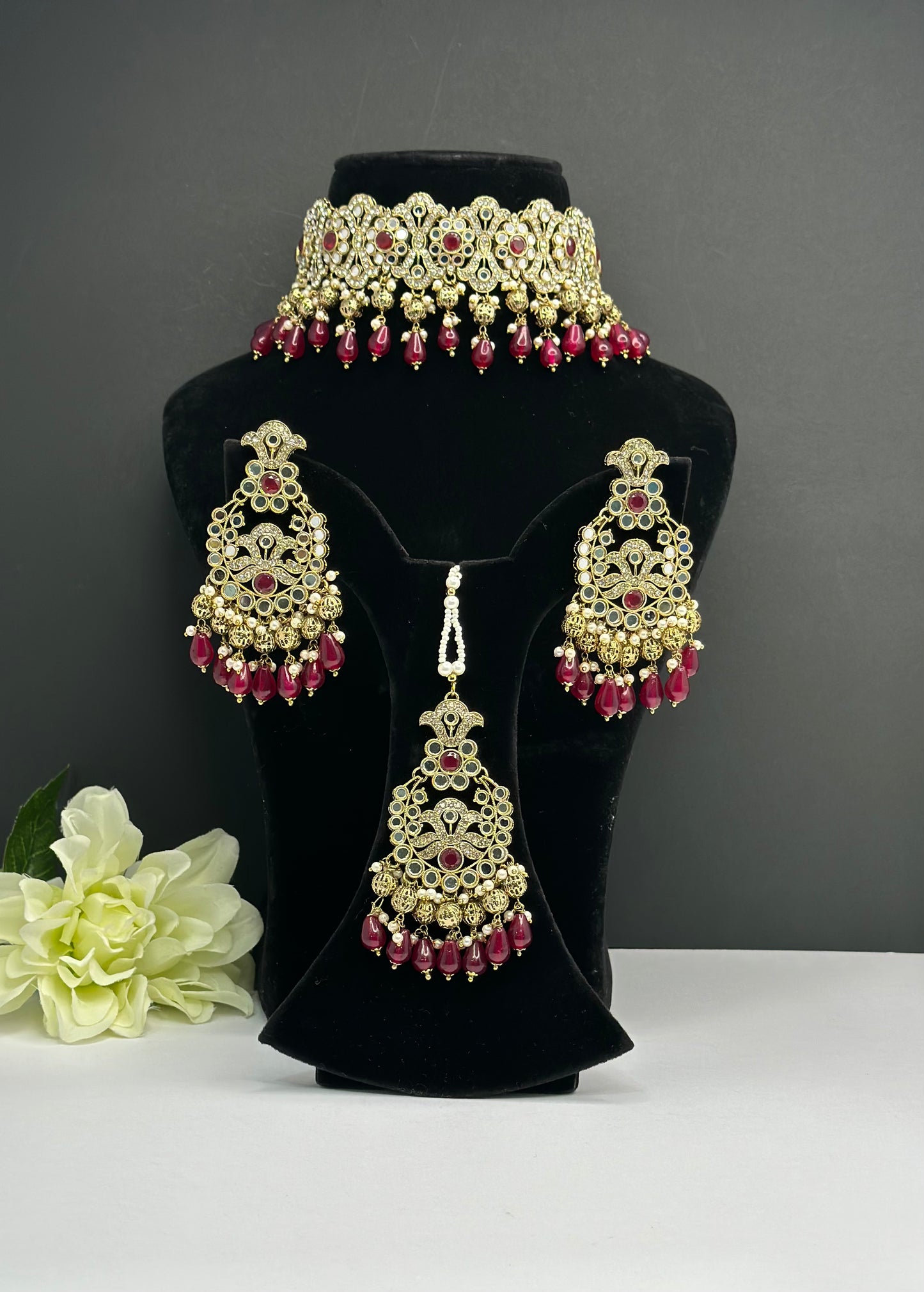 Mirror choker set mehroon